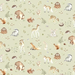 Greenwood Little Fawn and Friends Fabric by Dear Stella - 100% Cotton Digital Fabric - Green - DNS2310