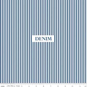 May include: Blue and white striped fabric with the word "DENIM" in a white rectangle. The fabric has vertical stripes and a ruler along the bottom edge, with measurements in inches.