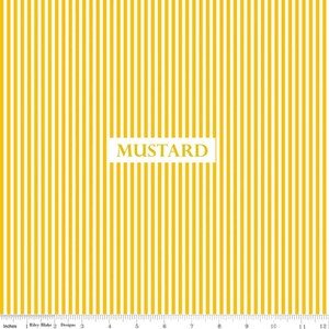 May include: Mustard-colored fabric with vertical stripes of yellow and white. The word "MUSTARD" is displayed in a white rectangle. The fabric is measured in inches.