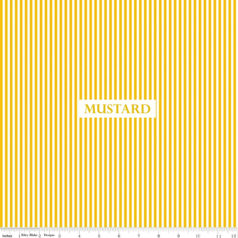 May include: Mustard-colored fabric with vertical stripes of yellow and white. The word "MUSTARD" is displayed in a white rectangle. The fabric is measured in inches.