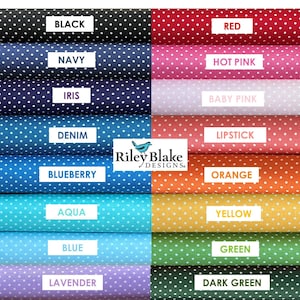 May include: A collection of folded fabric bolts featuring a white polka dot pattern on various solid colors including black, navy, iris, denim, blueberry, aqua, blue, lavender, red, hot pink, baby pink, lipstick, orange, yellow, green, and dark green. The Riley Blake Designs logo is centered.