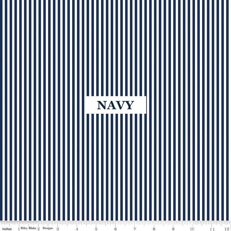 1/8" Stripe Fabric by Riley Blake Designs - 100% Cotton Fabric - Peony Pink, Mustard Yellow, Denim, Red, Black, Peacock, Navy, Gray, Green NAVY