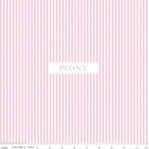 May include: Pink and white striped fabric with the word "PEONY" in a white rectangle. The fabric has vertical stripes and a ruler along the bottom edge, with measurements in inches.