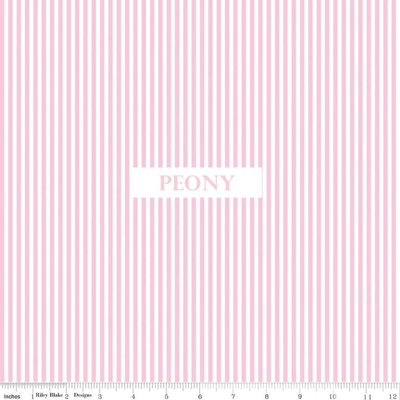 May include: Pink and white striped fabric with the word "PEONY" in a white rectangle. The fabric has vertical stripes and a ruler along the bottom edge, with measurements in inches.