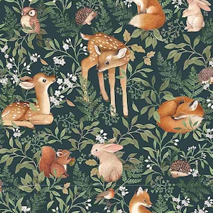 Little Fawn & Friends Forest Willow Fabric by Dear Stella - 100% Cotton Digital Fabric - Willow Green - DNS1908