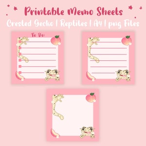 May include: Three printable memo sheets featuring a cartoon crested gecko with peach accents. The sheets are pink with white lines and the text "To Do:" on the top sheet.