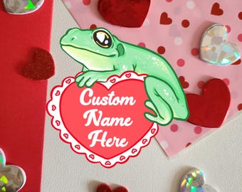 Whites tree frog customizable name sticker with Valentines day heart glossy vinyl