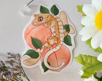 Klistermärke med krönt gecko med persikor | reptiler | glansig vinyl | laptopklistermärke med vattenflaska | söt fånig present | reptildekor | sött klistermärke