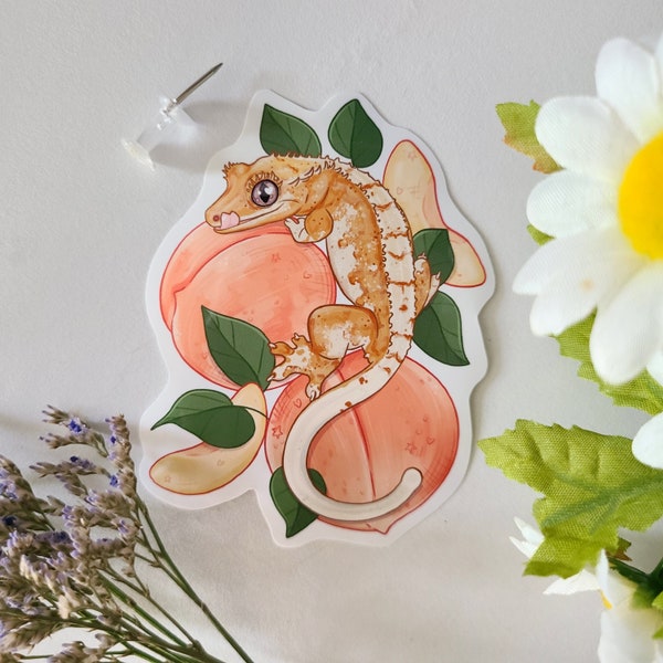 Crested gecko with peaches sticker | reptiles