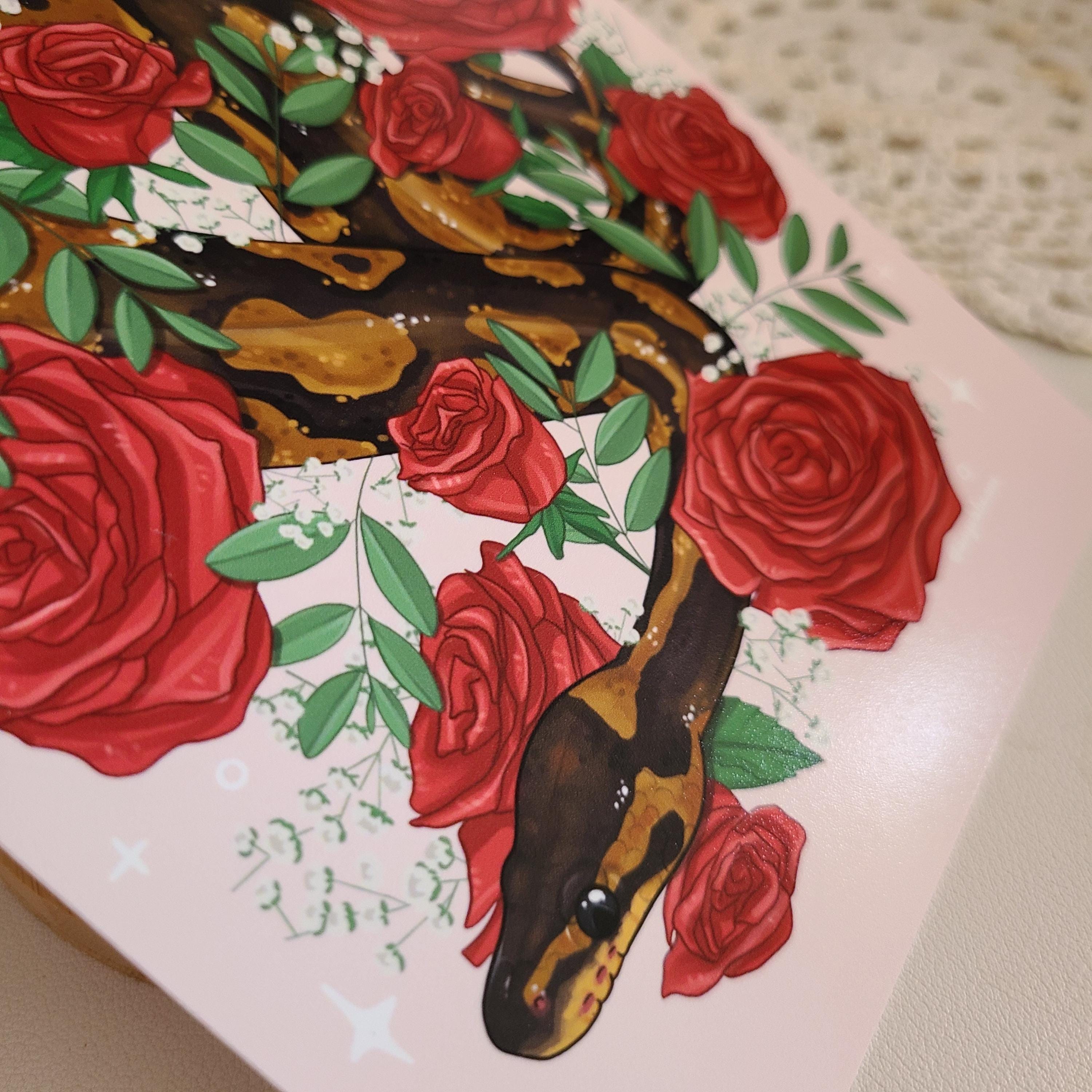 Ball Python Wrapped Around Roses and Babies-breath 5"×7" Art Print ...