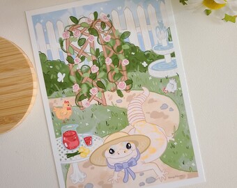 Leopard gecko standing in a garden with chickens 5×7 art print