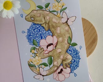 Leachianus gecko with hydrangeas and florals 5×7 art print | reptiles | gecko art | wall art gift | home decor | reptile decor | postcard