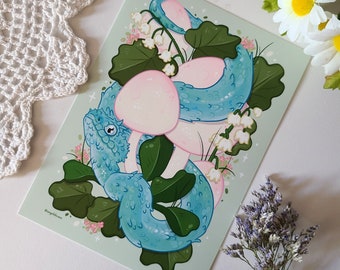 May include: A blue and green snake-like creature curled around a pink mushroom with white lily of the valley flowers. The background is a light green color.