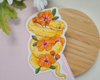 Bush viper with hibiscus sticker | reptiles | vinyl glossy | waterbottle laptop sticker | cute silly gift | reptile decor | cute sticker