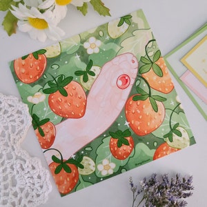Impression d'art 5 x 5 de Cornsnake dans un fraisier | reptiles | art du serpent | cadeau d'art mural | décoration intérieure | décor reptile | carte postale | semi-brillant