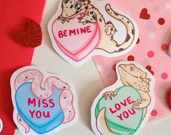 Valentines day stickers | bearded dragon, crested gecko, kenyan sand boa on candy hearts glossy