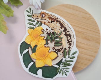 A crested gecko on plants sticker | reptiles | vinyl glossy | waterbottle laptop sticker | cute silly gift | reptile decor | cute sticker