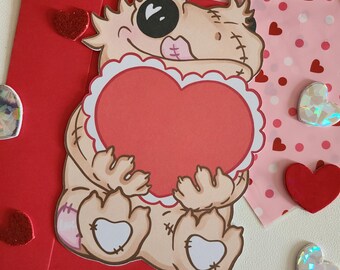 Crested Gecko Teddy Bear Valentine's Day Card, Anniversary Love Card