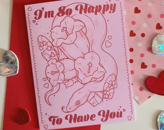 Floral Ball Python Valentine's Day Card, Anniversary Love Card