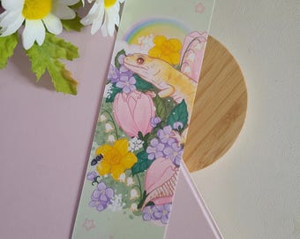 Leopard gecko with tulips bookmark | laminated | reptile bookmark | cute bookmark | gift for her | book lovers | snake art | reptile decor