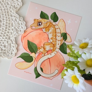 Crested gecko with peaches 5&quot;x7&quot; art print | reptile | gecko art | reptile decor | wall art gift | home decor | postcard | semi gloss