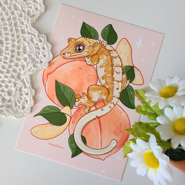 Crested gecko with peaches 5"x7" print | reptile |