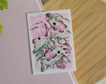 Fairy frogs on pink monstera mini art print  | home decor | postcard | vinyl glossy | laptop sticker | wall art gift | frog art