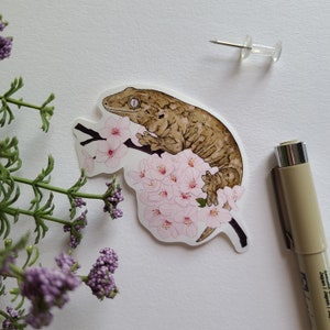 Leachianus Gecko mit Kirschblüten Aufkleber | Reptil | glänzendes Vinyl | Trinkflasche Laptop Aufkleber | süßes Geschenk | Deko Aufkleber