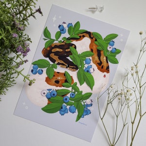 Può includere: Un dipinto ad acquerello di un serpente rannicchiato in un letto di fiori blu e bianchi. Il serpente è marrone e nero con la pancia bianca. I fiori sono circondati da foglie verdi.