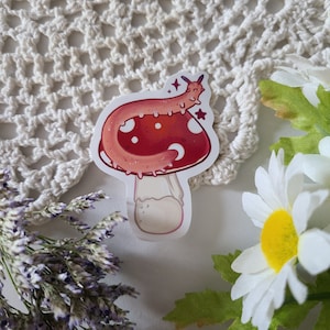 Velvet worm on a mushroom sticker | invertebrates | glossy vinyl sticker | waterbottle laptop sticker | cute gift | silly worm | worm decor