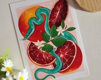 May include: A green snake curled around slices of red orange fruit with white flowers and green leaves on a pink background.