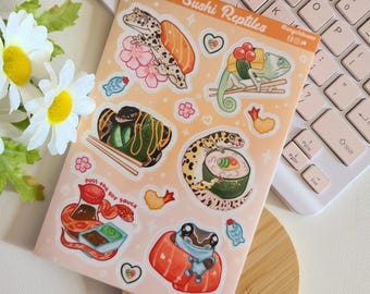 Sushi reptile sticker sheet, laptop sticker, glossy vinyl cute stickers, gifts for her or him crested gecko leopard gecko frog ball python
