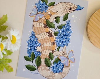 Blue tongue skink with blue flowers and butterflies 5×7 art print | reptile decor | snake art | wall art gift | home decor | postcard