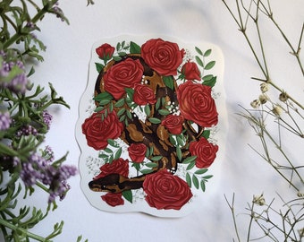 Pegatina de pitón bola con rosas, pegatina brillante para portátil, vinilo decorativo, bonito regalo de cumpleaños, pegatina de serpiente reptil