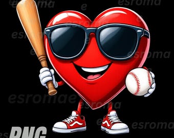 May include: A cartoon illustration of a red heart wearing sunglasses, holding a baseball bat and a baseball. The heart has arms, legs, and is wearing red and white sneakers. The background is black.