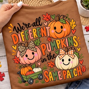 Può includere: Una t-shirt marrone con una grafica di tre zucche sorridenti e un carro verde. Il testo recita: "We're all DIFFERENT PUMPKINS in the SAME PATCH." Il design include foglie autunnali colorate, cuori e fiocchi a fantasia sulle zucche.