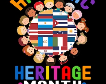 Puede incluir: Una ilustración colorida de niños de diferentes orígenes que se toman de la mano alrededor de un círculo de banderas que representan países hispanos. El texto "HISPANIC HERITAGE MONTH" está escrito en colores arcoíris con corazones a cada lado.