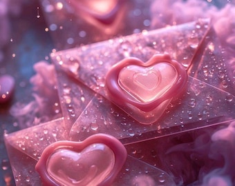 May include: Pink envelopes with heart-shaped wax seals, covered in water droplets and surrounded by a pink cloud of smoke.