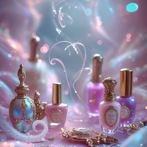 May include: A collection of pink and purple nail polish and perfume bottles with gold detailing. The bottles are displayed on a soft, pink surface, alongside decorative items such as a gold-framed mirror and jewellery.