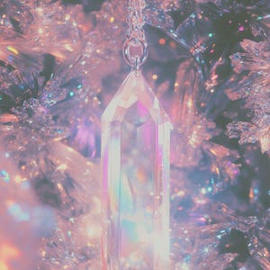 Puede incluir: Un colgante de prisma de cristal transparente que cuelga de una cadena de plata. El prisma es iridiscente y refleja la luz en un arcoíris de colores. El colgante cuelga de un fondo brillante de color rosa y blanco.