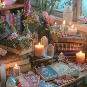 May include: A mystical scene featuring stacked antique books, lit candles, crystals, and tarot cards. Pink and purple flowers and moss add to the enchanting atmosphere. Clear quartz crystals and a variety of candles are scattered throughout the scene.