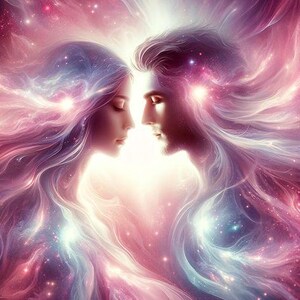 Puede incluir: Una pintura digital de las caras de una pareja, rodeadas de nebulosas rosadas y azules que giran con estrellas. La pareja se mira con amor y afecto.
