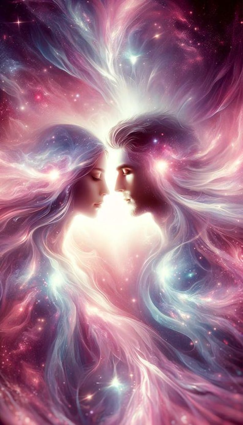 Puede incluir: Una pintura digital de las caras de una pareja, rodeadas de nebulosas rosadas y azules que giran con estrellas. La pareja se mira con amor y afecto.