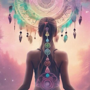 May include: A digital illustration of a person meditating, featuring a dreamcatcher and chakra symbols. The dreamcatcher is a circular design with feathers and beads, and the chakras are represented as colourful, glowing orbs along the spine. The colour palette includes pinks, blues, and purples.