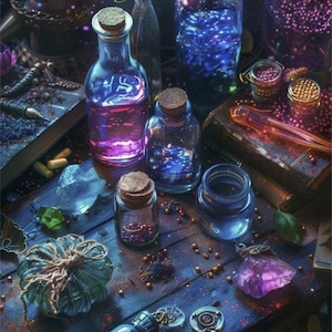 Può includere: Una collezione di bottiglie di vetro riempite di liquidi colorati e glitter, insieme a cristalli e altri oggetti magici, disposti su un tavolo di legno. Le bottiglie hanno tappi di sughero e sono riempite con una varietà di colori, tra cui viola, blu e verde. I cristalli sono anche di vari colori, tra cui viola, blu e verde. Gli oggetti sono disposti in un modo che suggerisce che fanno parte di un rituale magico o mistico.