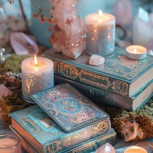 May include: A serene still life featuring lit candles, stacked antique books, and rose quartz crystals. The books have teal covers with gold lettering. The candles are white with gold accents. The scene evokes a sense of tranquility and spirituality.