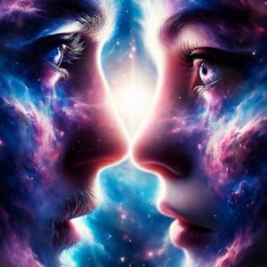 Puede incluir: Una obra de arte digital que representa dos rostros de perfil frente a frente, compuestos por nubes de nebulosas cósmicas arremolinadas en azul, morado y rosa. Una luz blanca brillante resplandece entre los rostros, con ojos visibles.