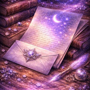 Puede incluir: Ilustración artística con papel envejecido, una luna creciente y un sobre decorativo. También hay una pluma y libros antiguos, todo en tonos morados y marrones, creando un tema místico.