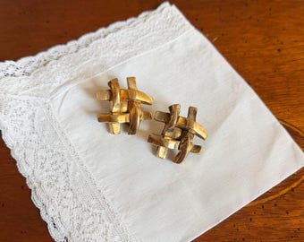 Vintage Oterna Paris Signed Gold Tone Woven Brutalist Clip On Earrings