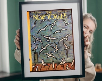 May include: A vintage New Yorker magazine cover from May 17, 1958, featuring a colorful illustration of seagulls flying over a body of water. The cover text reads "The New Yorker" with the price "25 cents".
